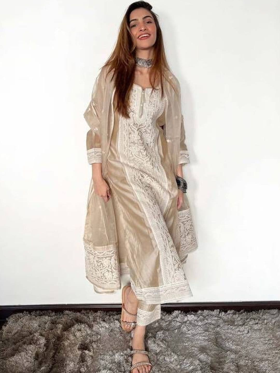 HERE&NOW Women Ethnic Motifs Embroidered Regular Thread Work Kurta with Trousers & With Dupatta - view 1