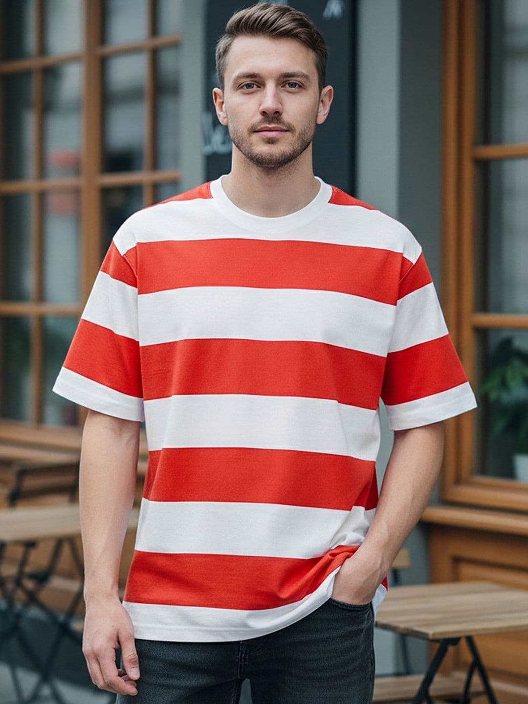 Bewakoof Men's Red & White Striped Oversized T-shirt - view 1