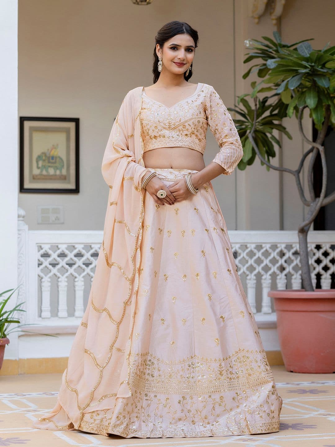 Trendmalls Embroidered Sequinned Semi-Stitched Lehenga & Unstitched Blouse With Dupatta - view 1