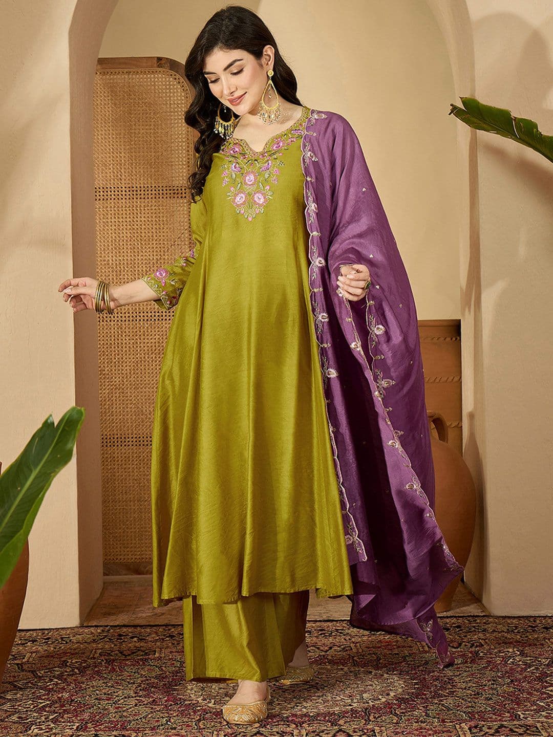 Sangria Women Ethnic Motifs Embroidered A-Line Kurta with Palazzo & Dupatta - view 1