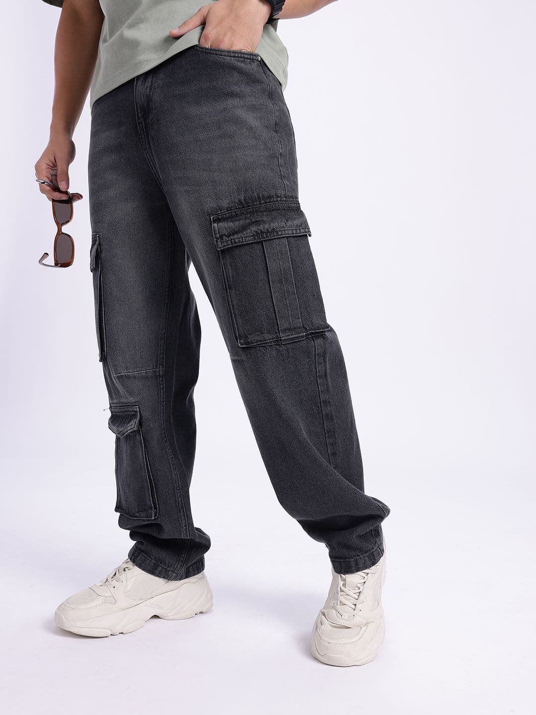 glitchez Men Baggy Fit Light Fade Cargo Style Jeans - view 1