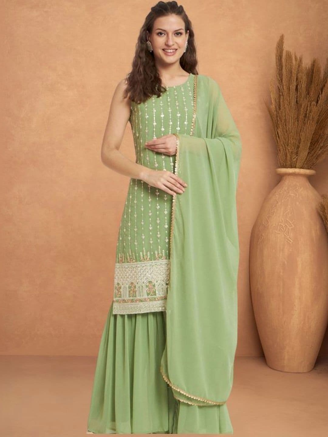 STYFLORA Ethnic Motifs Embroidered Regular Sequinned Kurta with Sharara & With Dupatta - view 1
