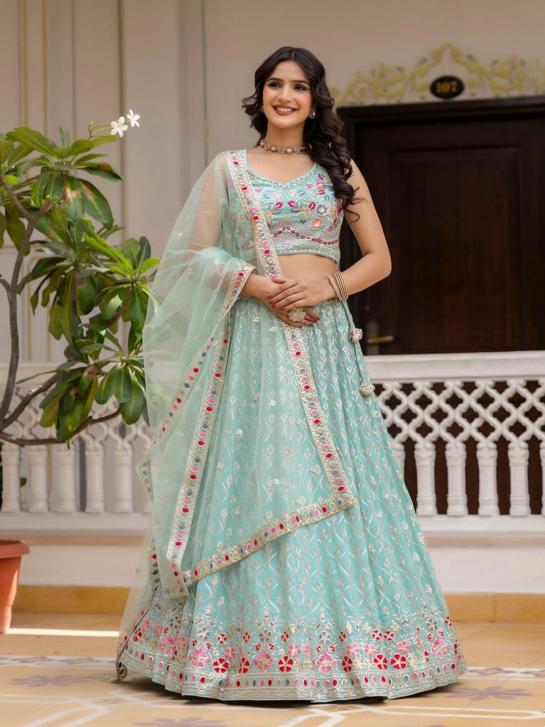 Trendmalls Embroidered Sequinned Semi-Stitched Lehenga & Unstitched Blouse With Dupatta - view 1