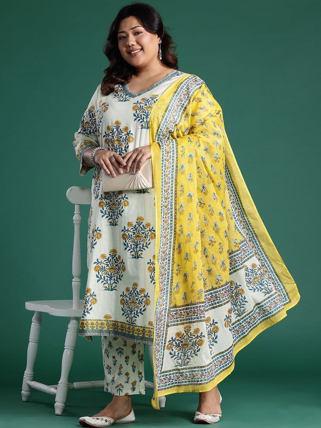 Indo Era Plus Size Printed Regular Pure Cotton Kurta with Trousers & With Dupatta - view 1
