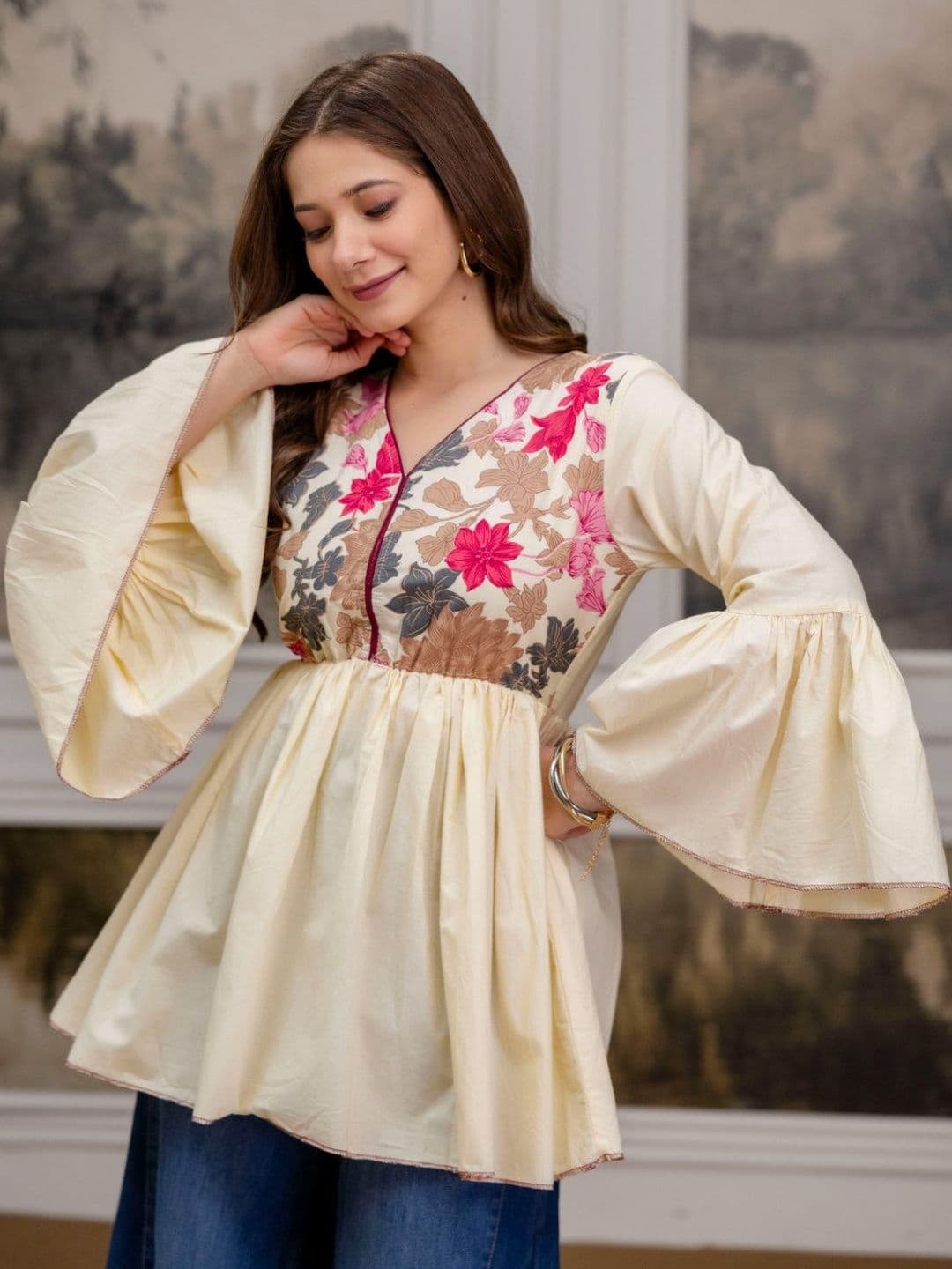 DAEVISH Floral Embroidered Bell Sleeve Cotton Peplum Top - view 1