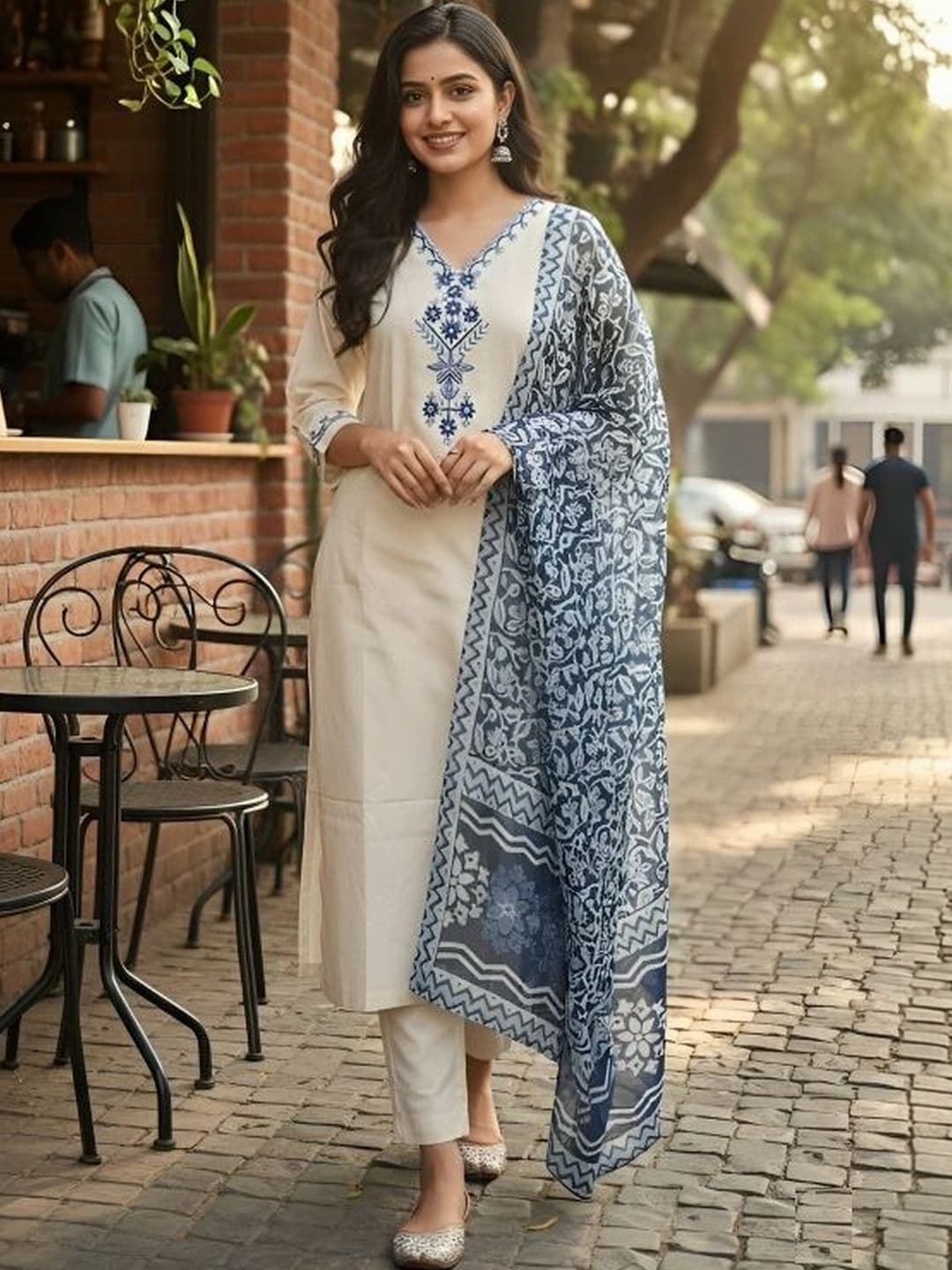 HIVA TRENDZ Women Ethnic Motifs Embroidered Regular Thread Work Pure Cotton Kurta with Trousers & With - view 1