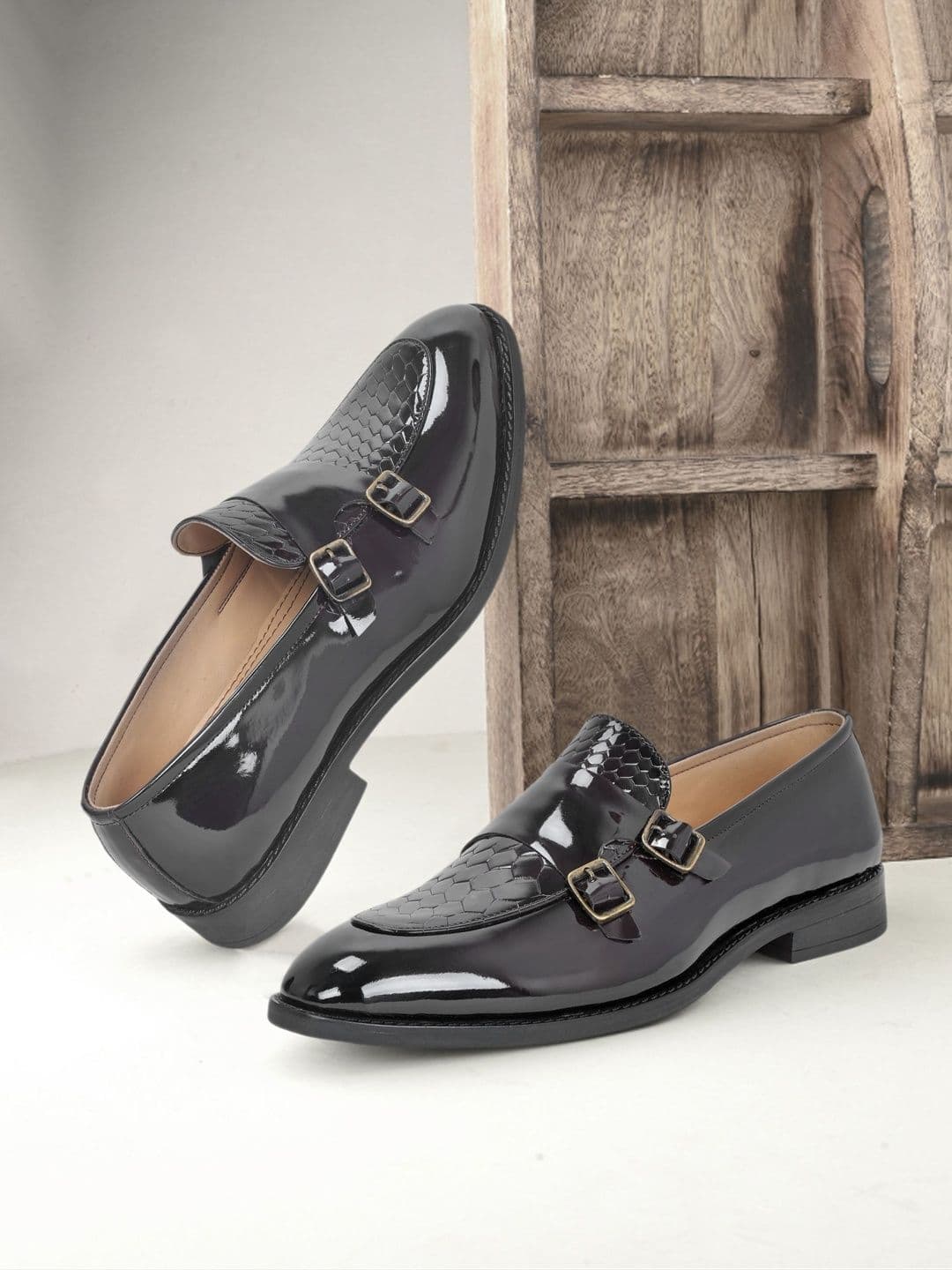 House of Pataudi Men Textured Pointed Toe Slip-On Monk Formal Shoes - view 1