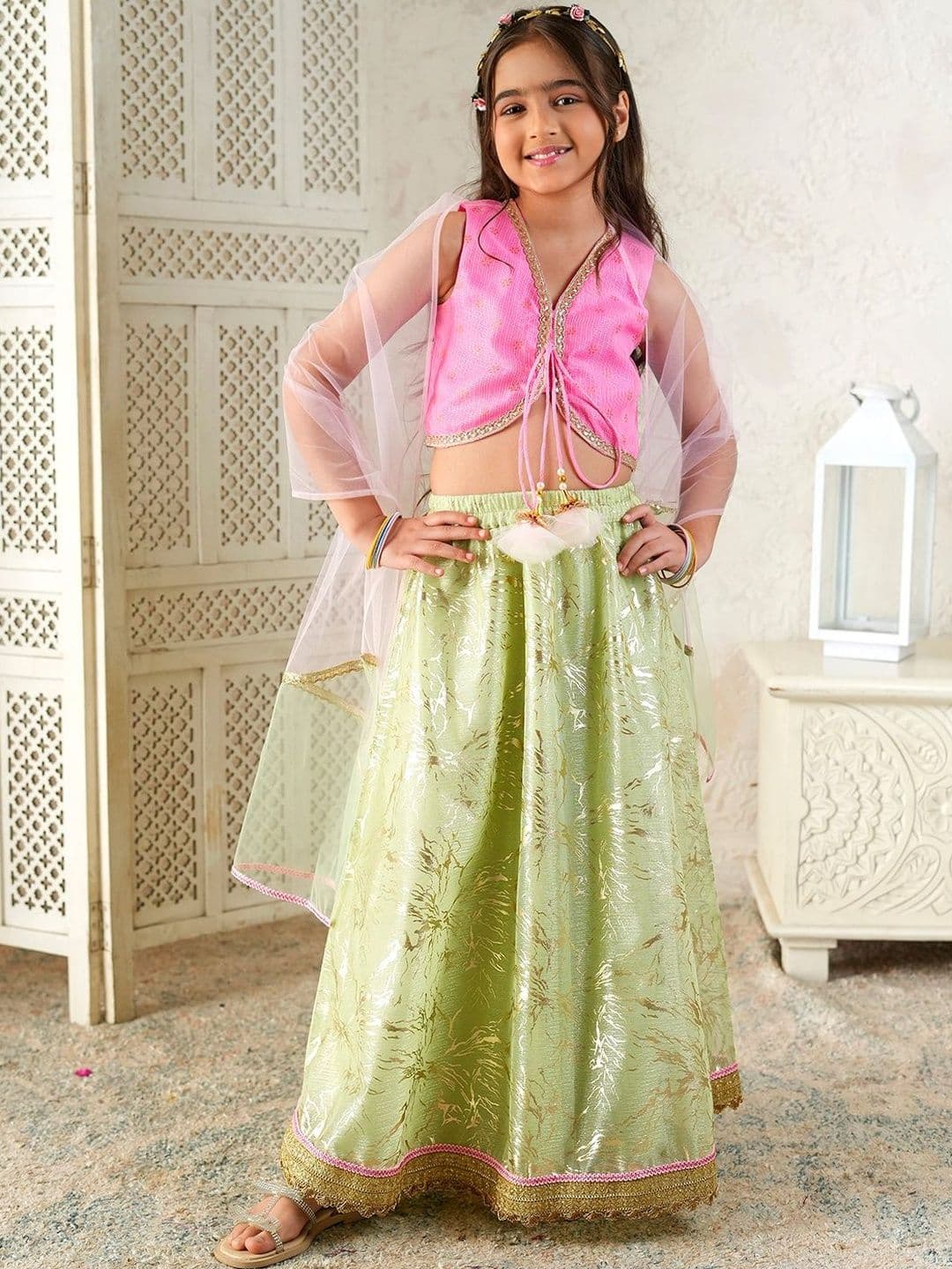 pspeaches Girls Pink & Pista Green Ethnic Foil Kota Doria Lehenga & Choli With Dupatta - view 1