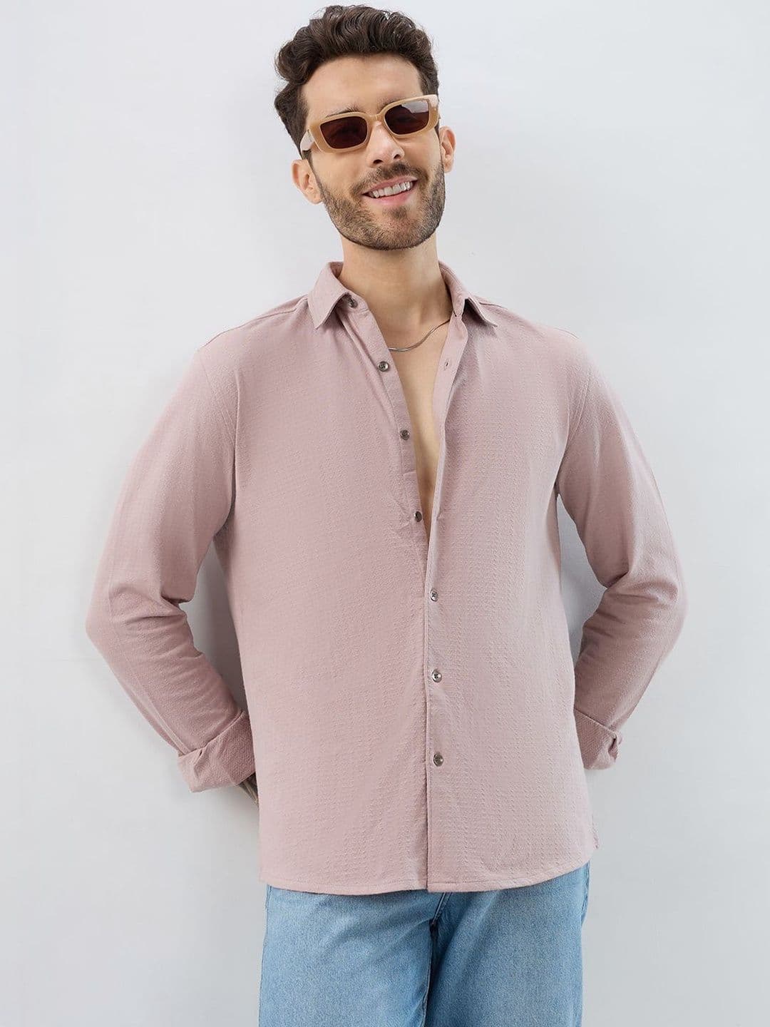 VASTRADO Dusty Rose Textured Cotton Long Sleeves Slim Fit Shirt - view 1