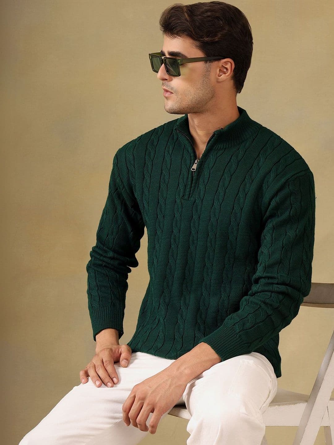 The Roadster Lifestyle Co Self Design Cable Knit High Neck Zipper Sweater - view 1