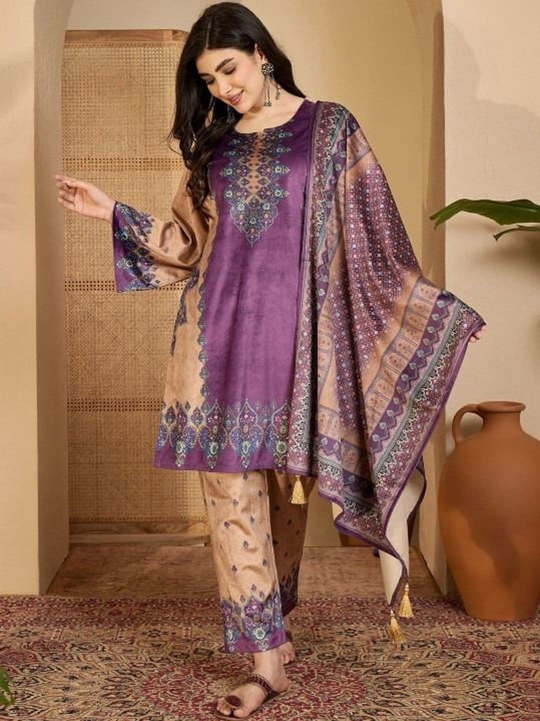 Sangria Printed Velvet Round Neck Kurta & Trousers with Dupatta set - view 1