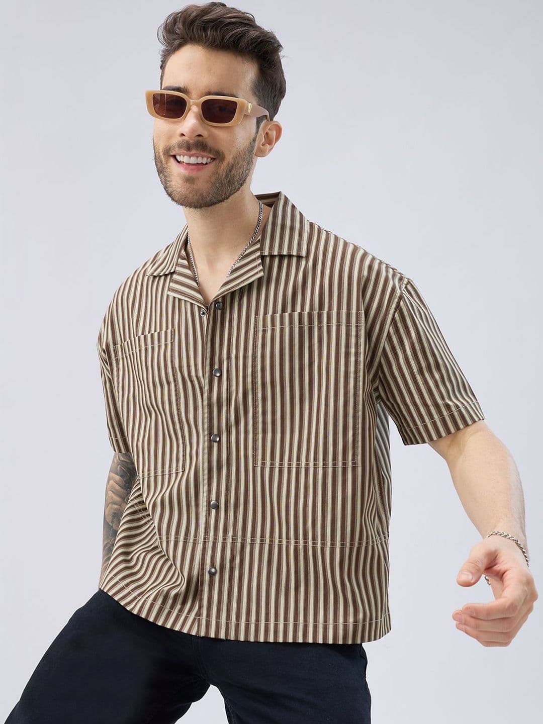 VASTRADO Dessert Contrast Stripes Cotton Short Sleeves Oversized Fit Shirt - view 1