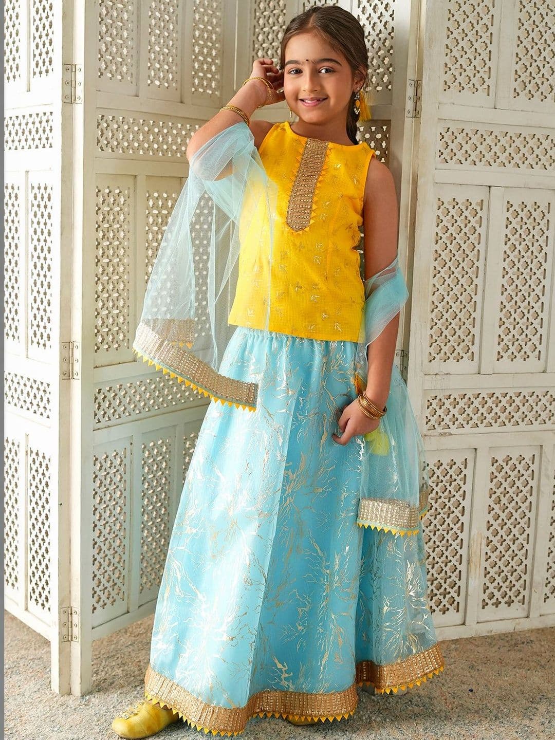 pspeaches Girls Yellow & Sky Blue Ethnic Foil Kota Doria Lehenga & Choli With Dupatta - view 1