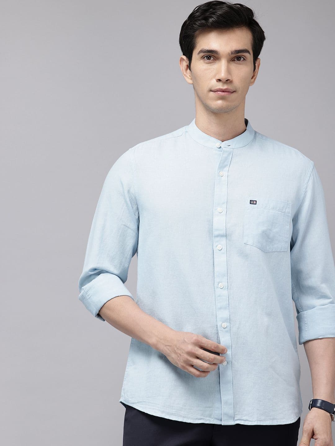 Arrow Sport Manhattan Slim Fit Band Collar Cotton Linen Casual Shirt - view 1