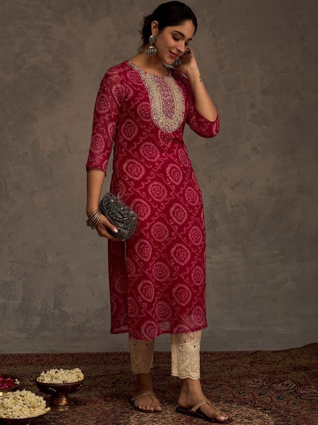Indo Era Women Bandhani Printed Sequinned Georgette Kurta - view 1