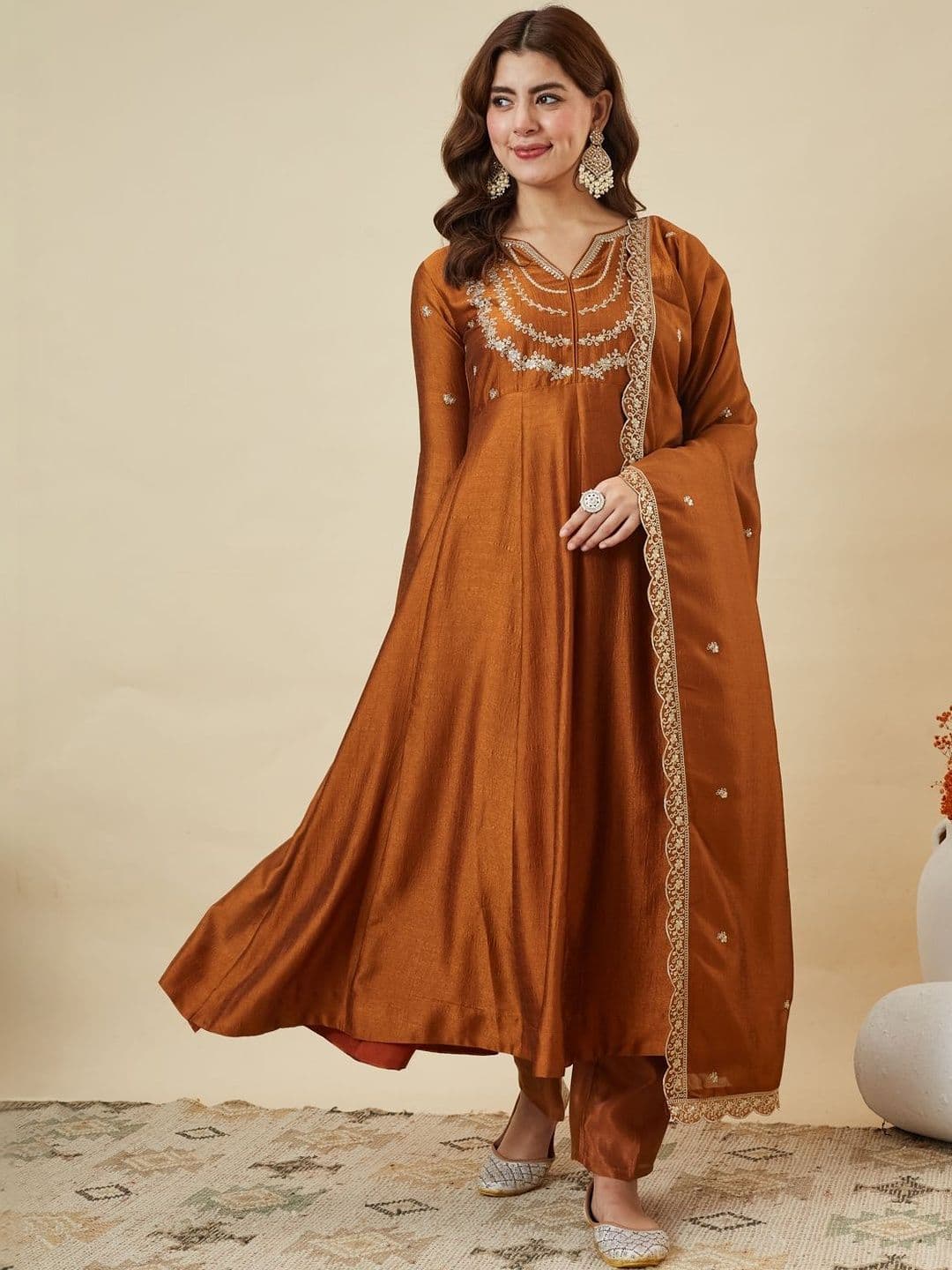 MOKOSH Women Silk Embroidered Anarkali Kurta And Pant Set With Dupatta - view 1
