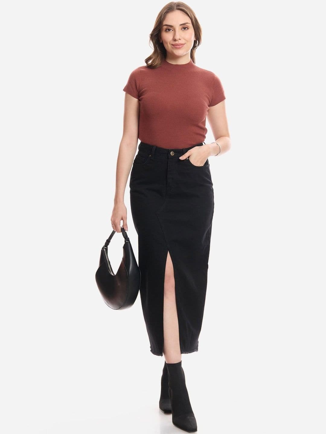 Virgio Solid Cotton Denim Midi Skirt With Front Slit For Women - view 1
