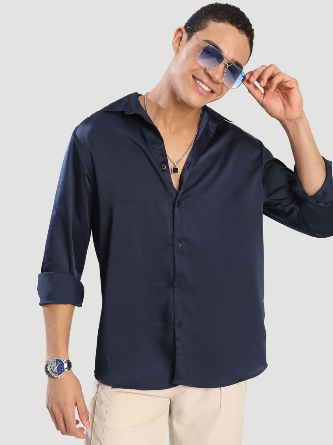Bene Kleed Men Navy Satin Relaxed Fit Party Shirt - view 1