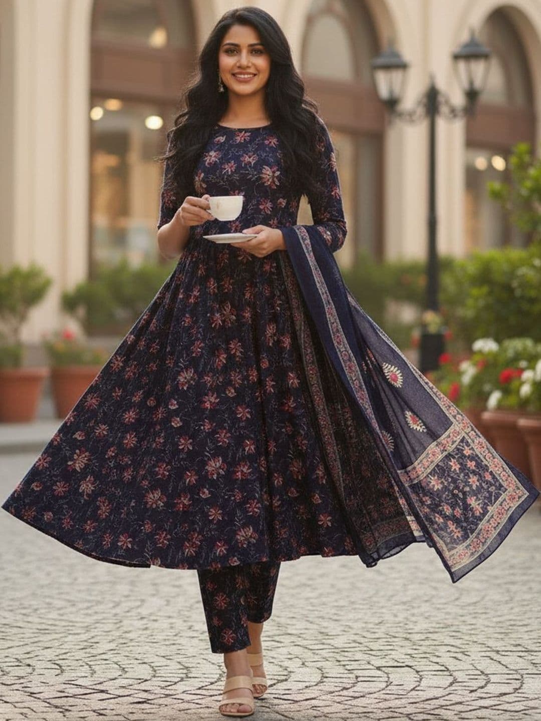 ARADHNA Women Floral Printed Panelled Kurta with Trousers & With Dupatta - view 1