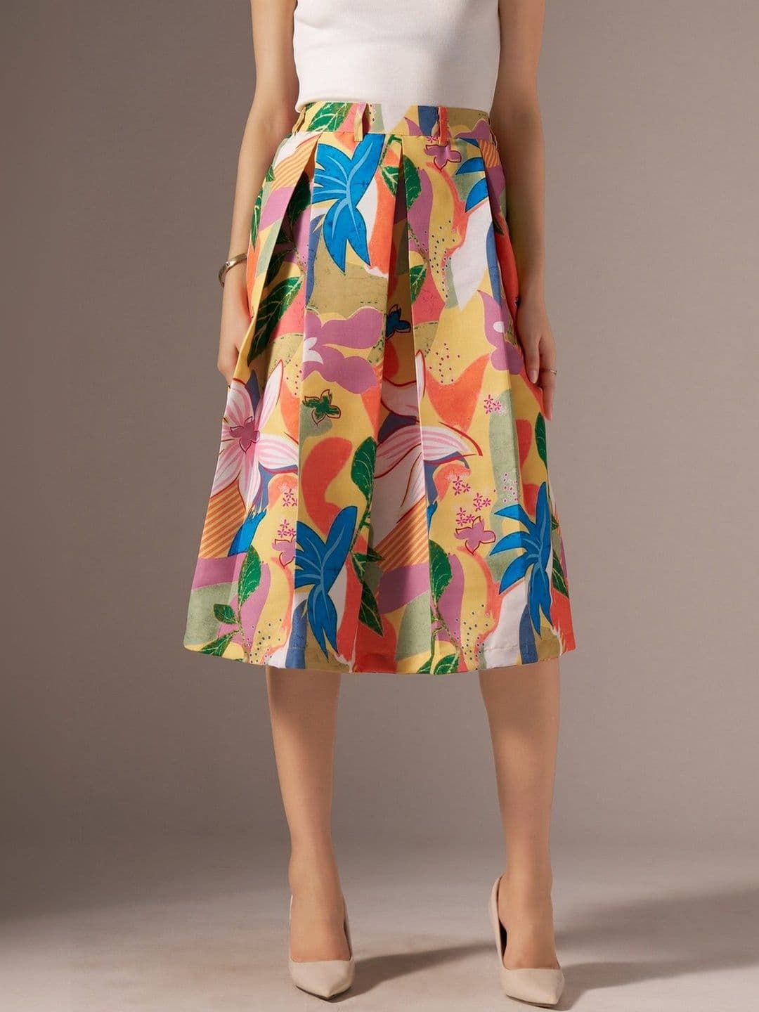 AASK Cotton Midi Flared Pleated Skirt With Belt Loop - view 1