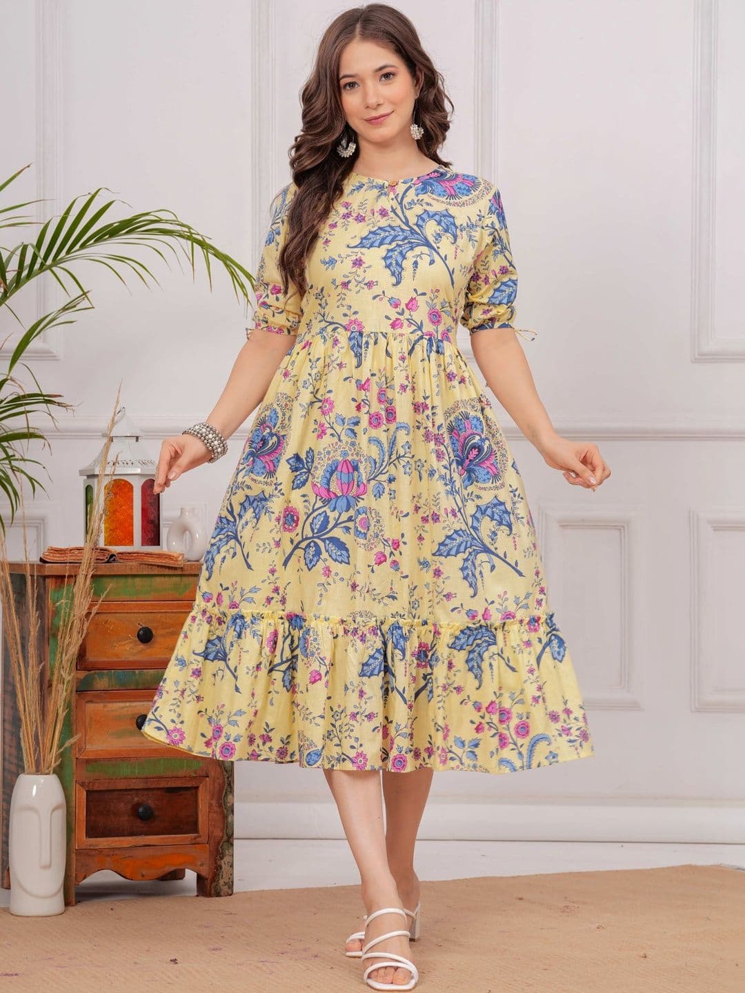 KURUTI B SHEETS Floral Printed Round Neck Midi Ethnic Dress - view 1