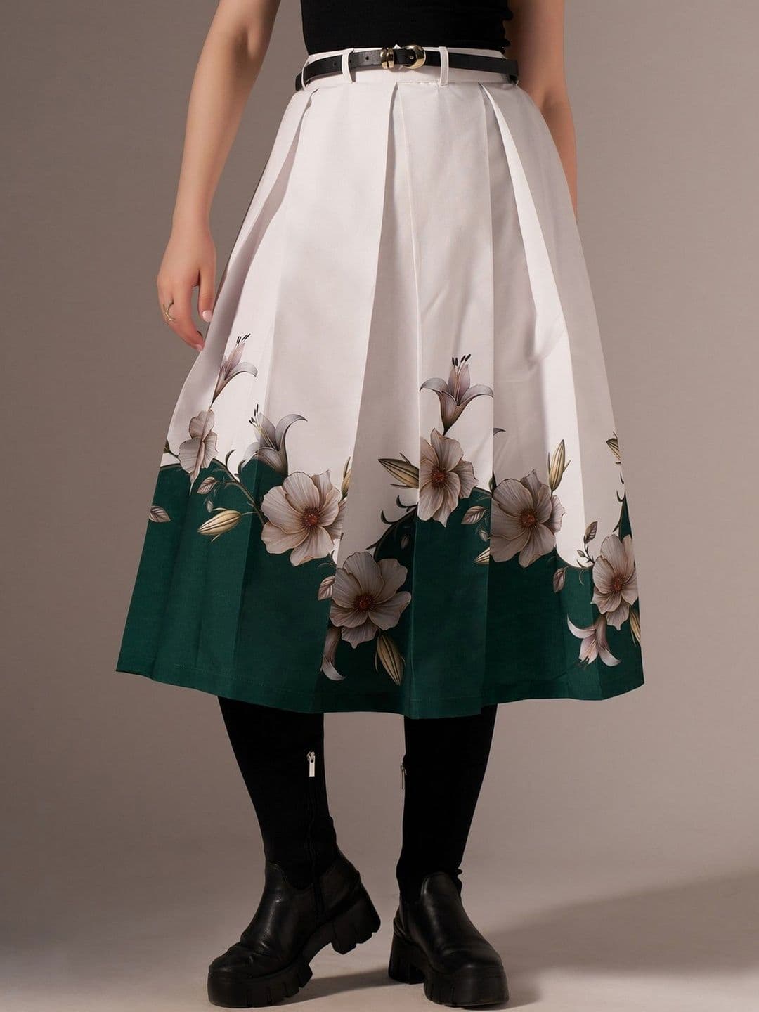 AASK Cotton Midi Flared Pleated Skirt With Belt Loop - view 1