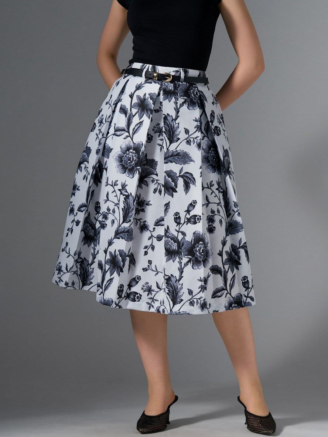 AASK Cotton Midi Flared Pleated Skirt With Belt Loop - view 1