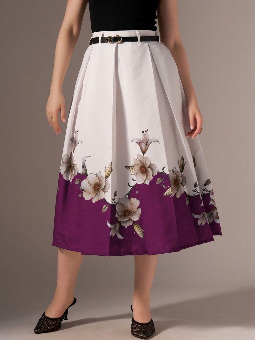AASK Cotton Midi Flared Pleated Skirt With Belt Loop - view 1