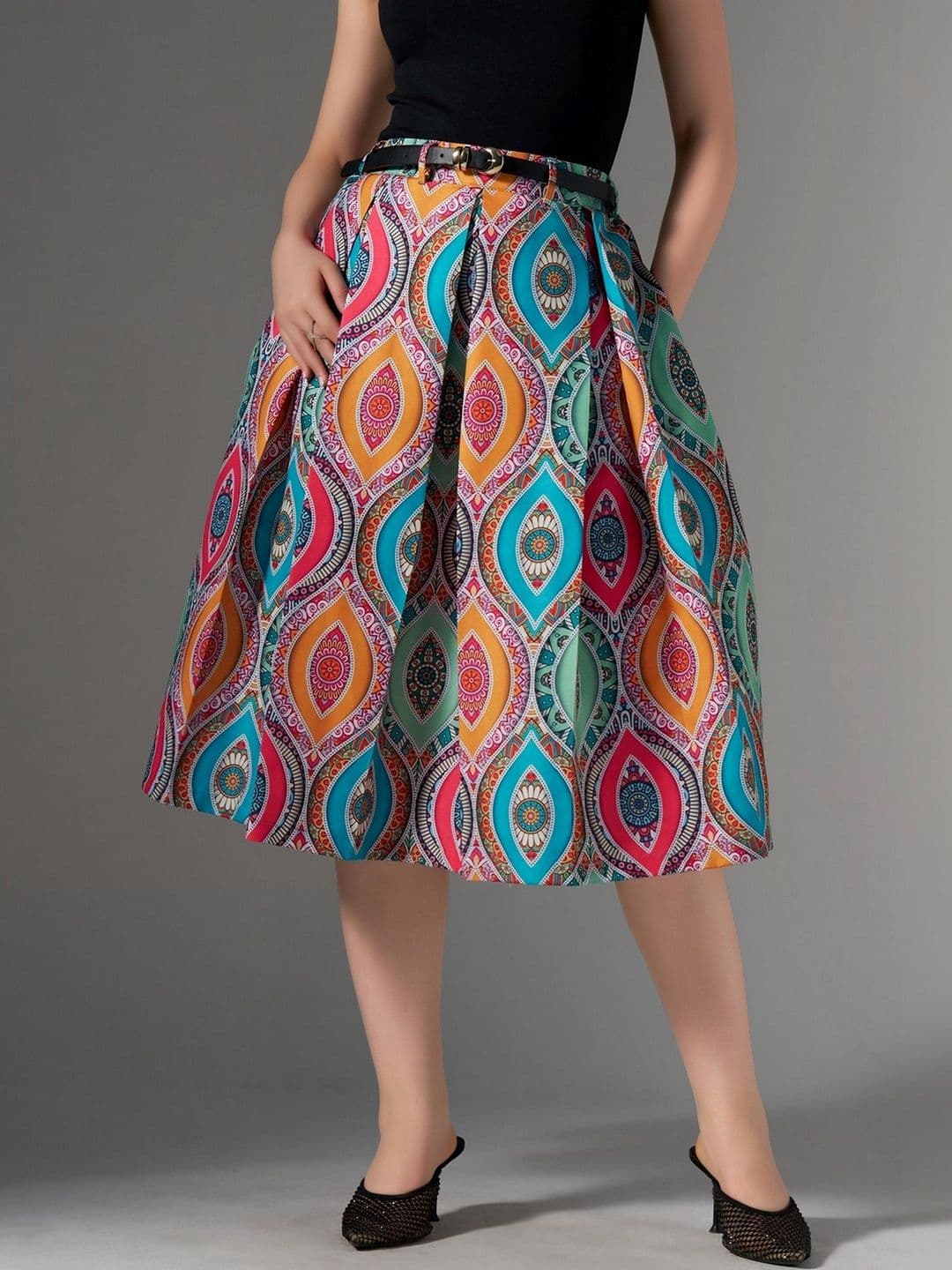 AASK Cotton Midi Flared Pleated Skirt With Belt Loop - view 1