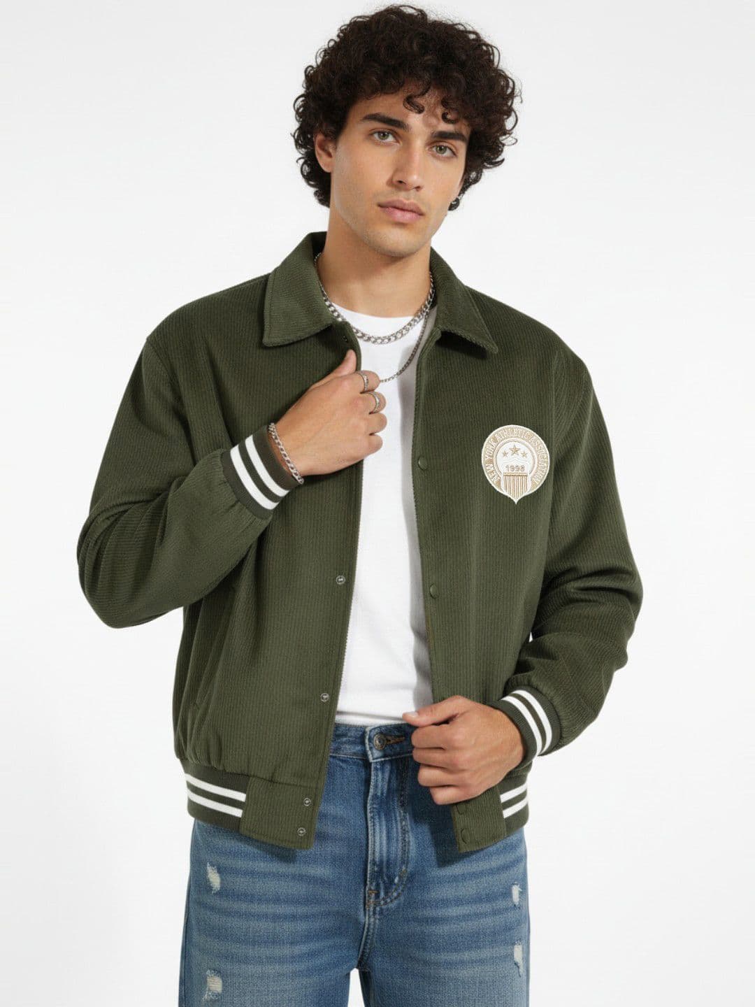 glitchez Corduroy Typography Embroidered Pure Cotton Bomber Jacket with Applique Detail