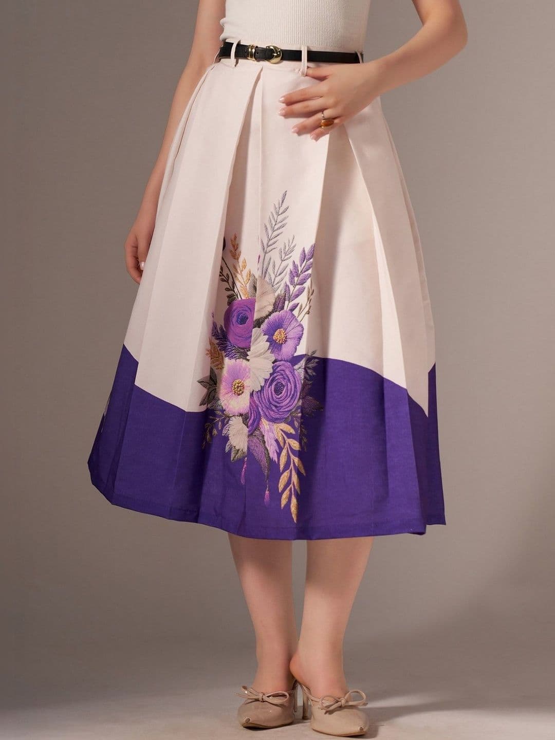 AASK Cotton Midi Flared Pleated Skirt With Belt Loop - view 1