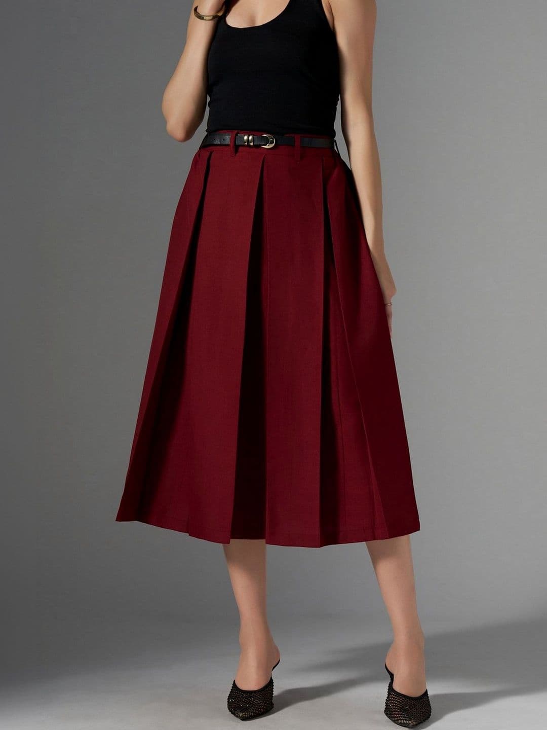 AASK Cotton Midi Flared Pleated Skirt With Belt Loop - view 1