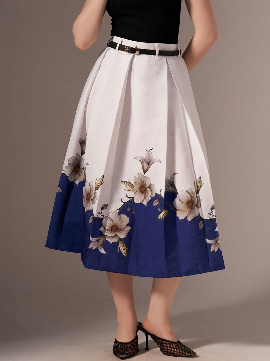AASK Cotton Midi Flared Pleated Skirt With Belt Loop - view 1