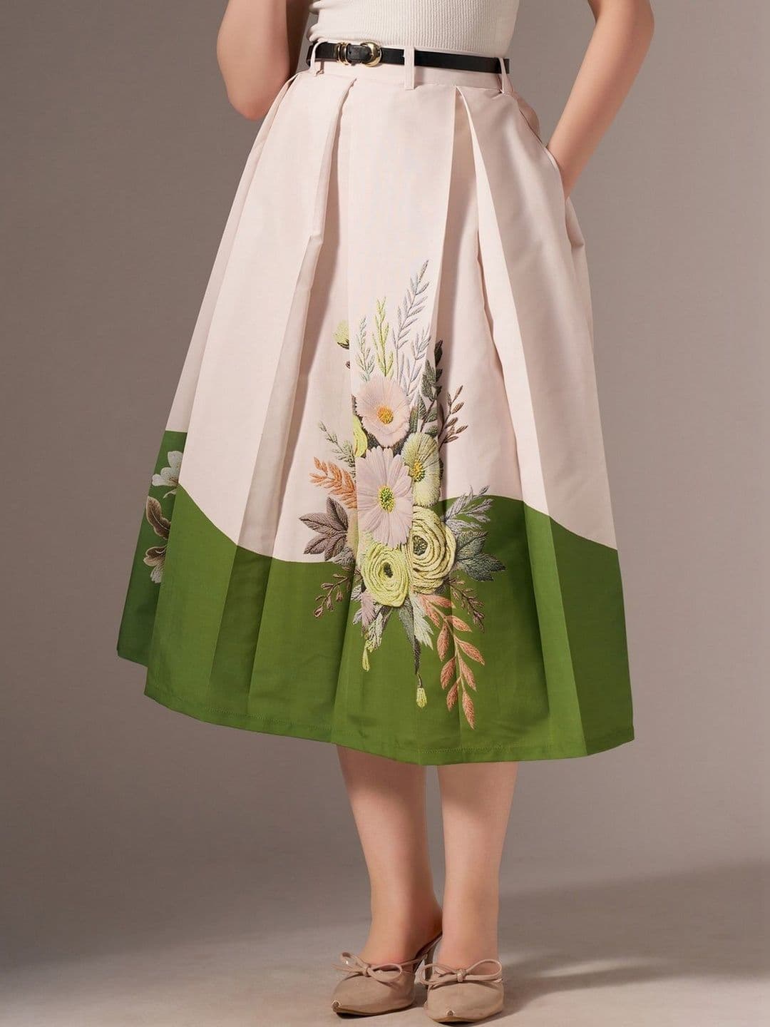 AASK Cotton Midi Flared Pleated Skirt With Belt Loop - view 1