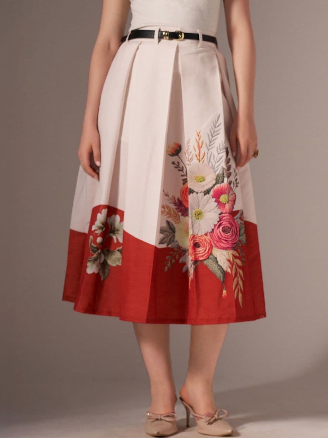 AASK Cotton Midi Flared Pleated Skirt With Belt Loop - view 1
