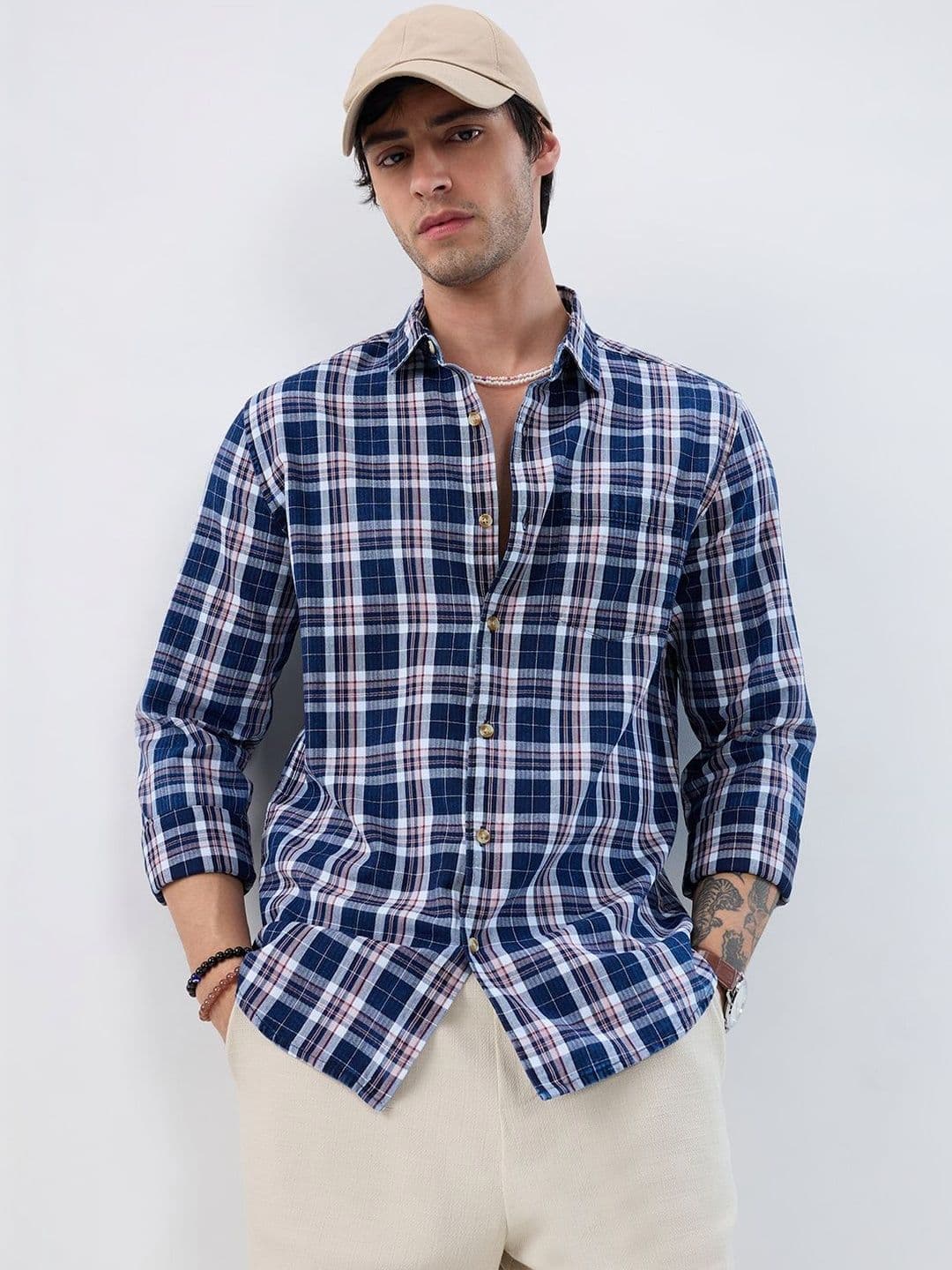 VASTRADO Denim Herringbone Checked Cotton Long Sleeves Shirt - view 1
