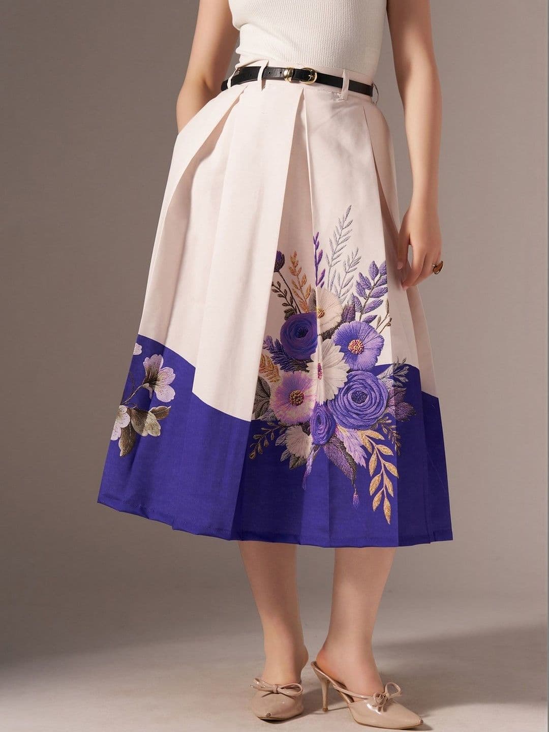AASK Cotton Midi Flared Pleated Skirt With Belt Loop - view 1