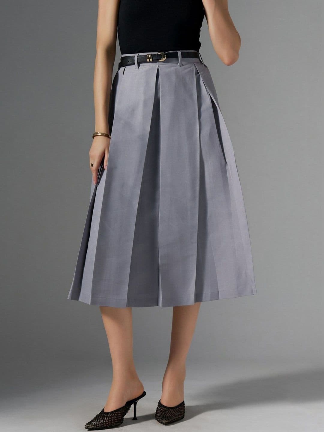 AASK Cotton Midi Flared Pleated Skirt With Belt Loop - view 1