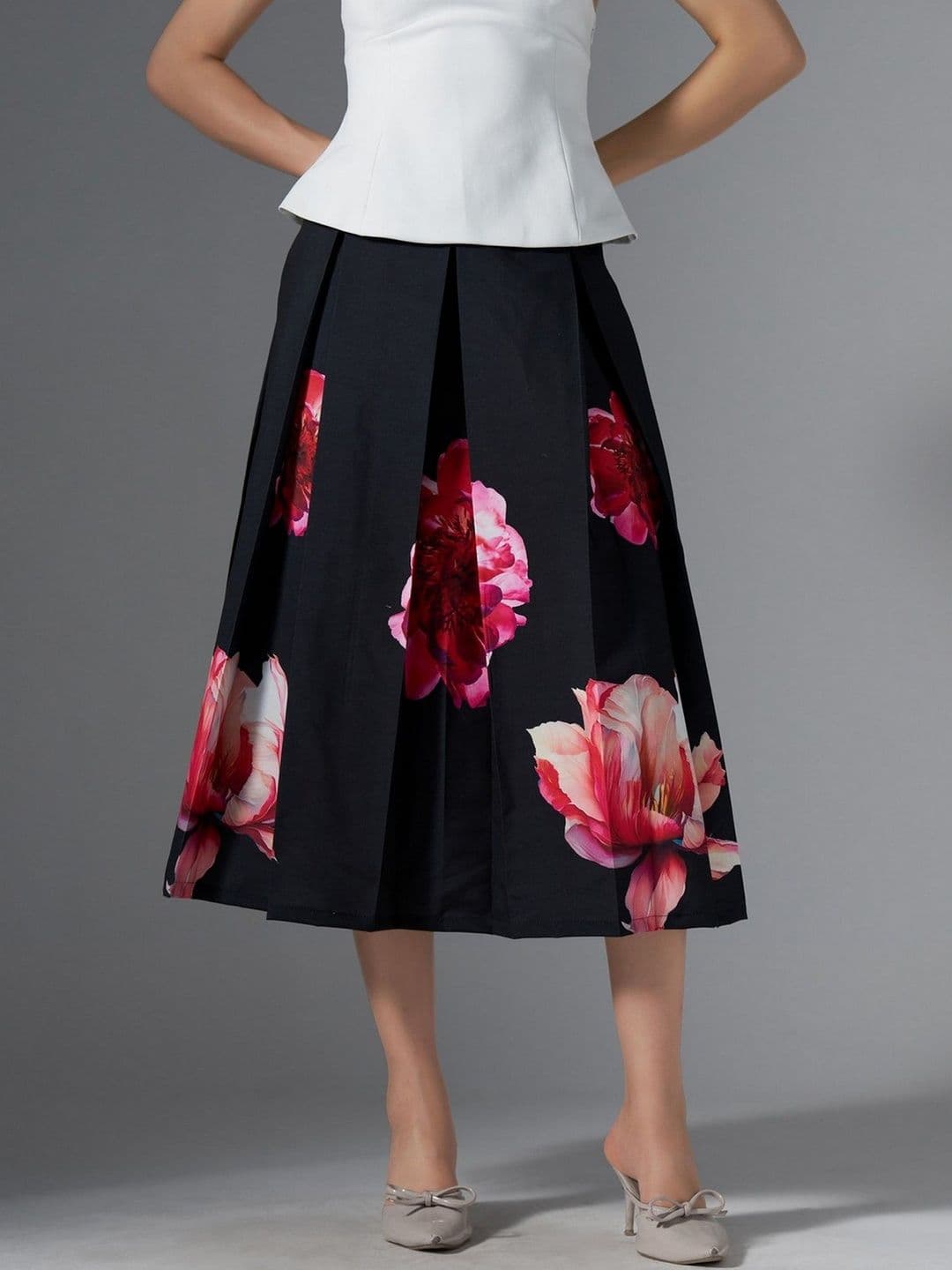 AASK Black Printed Cotton Midi Flared Pleated Skirt - view 1