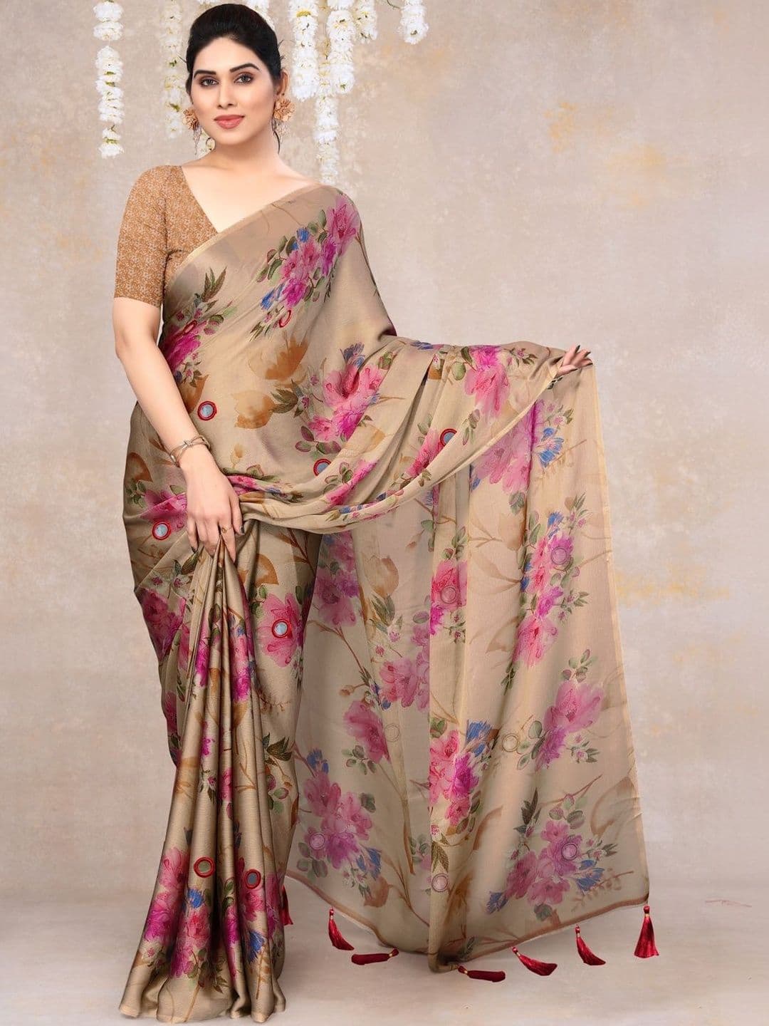 KALINI Floral Mirror Work Poly Chiffon Saree - view 1