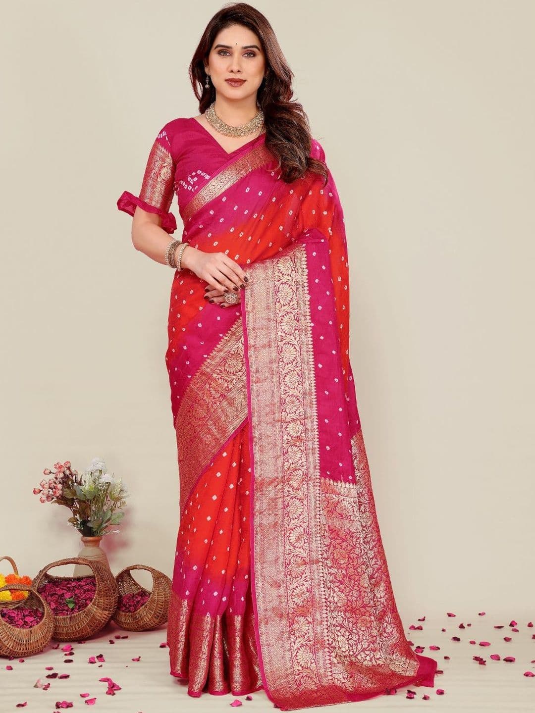 HERE&NOW Bandhani Zari Silk Blend Kanjeevaram Saree - view 1