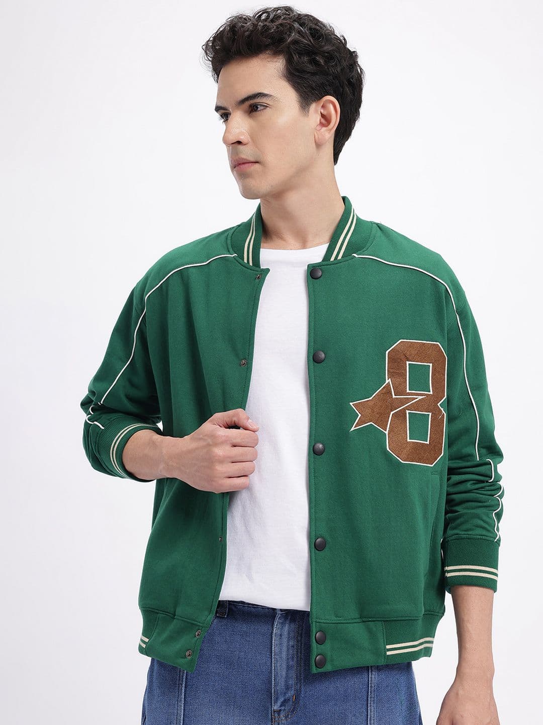 glitchez Typography Applique Detail Relaxed Fit Fleece Varsity Jacket with Contrast Piping - view 1