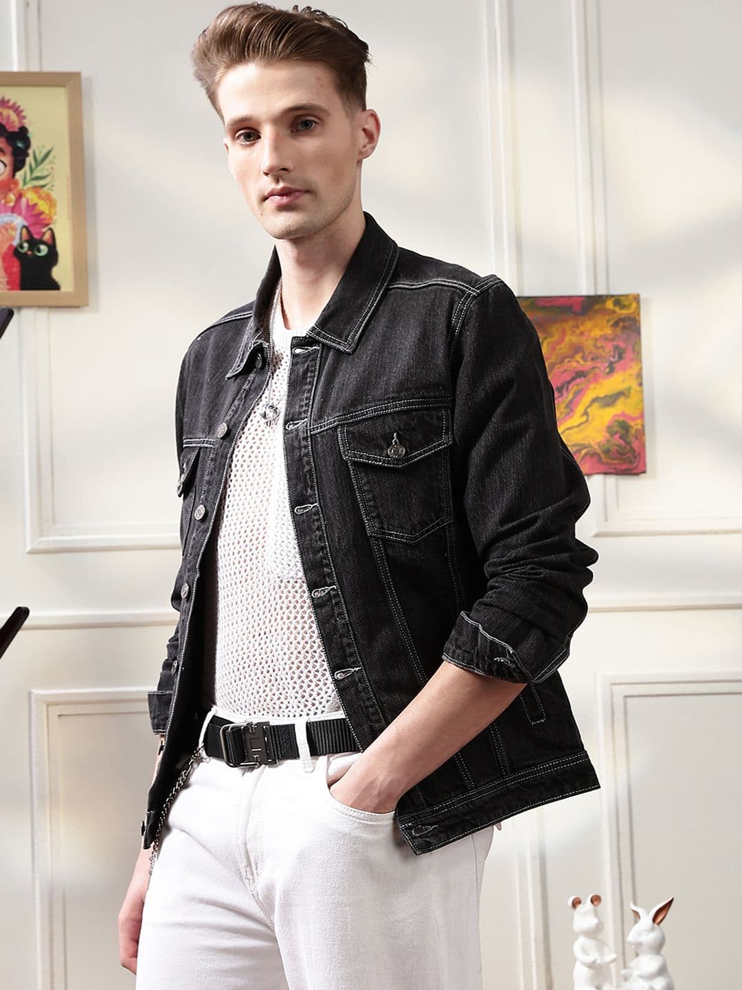 Eszett Men Solid Washed Spread Collar Denim Jacket - view 1