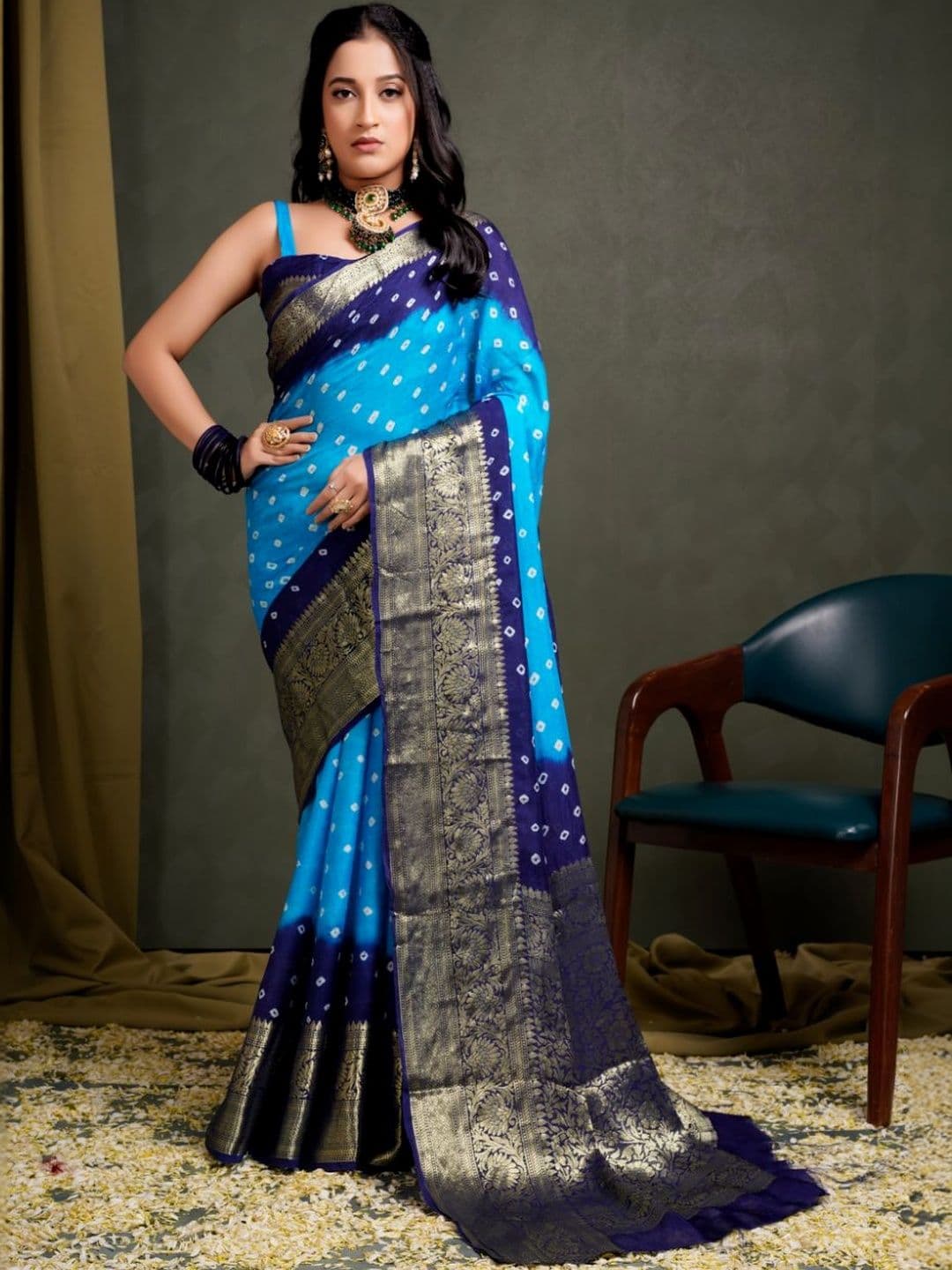 HERE&NOW Bandhani Zari Silk Blend Kanjeevaram Saree - view 1