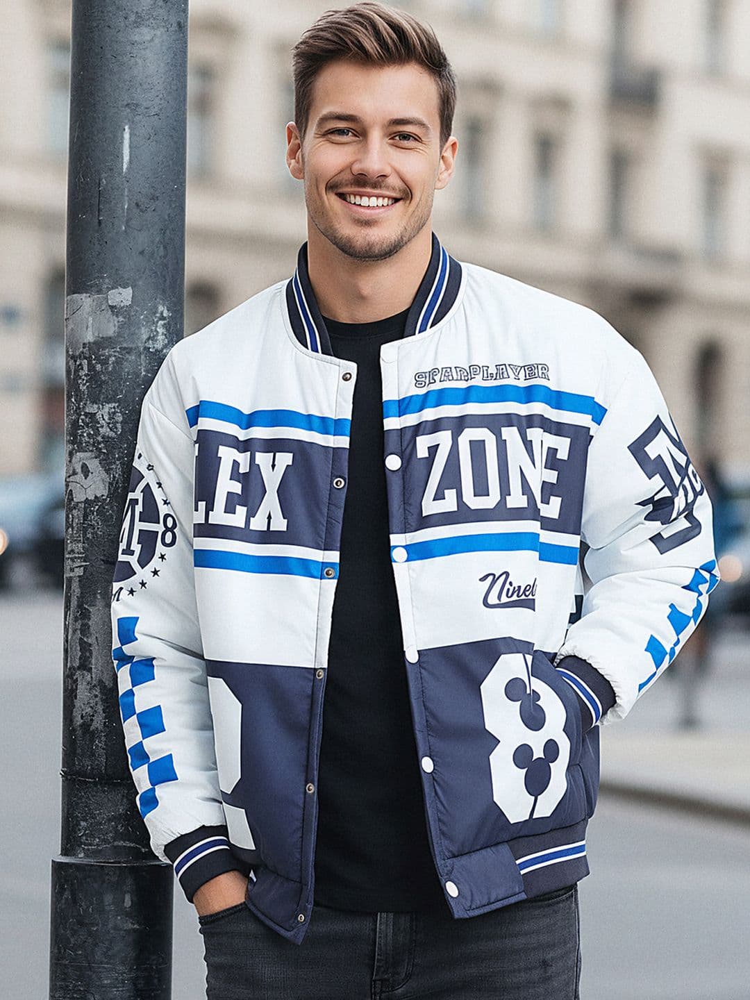 Bewakoof Men's White & Light Navy Blue Typography Oversized Bomber Jacket - view 1