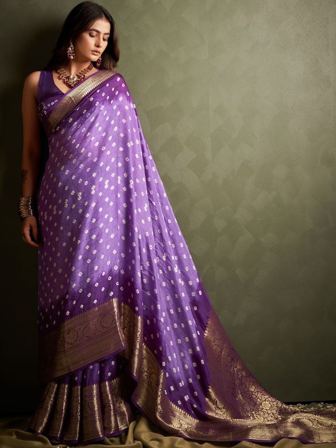 HERE&NOW Bandhani Zari Silk Blend Kanjeevaram Saree - view 1