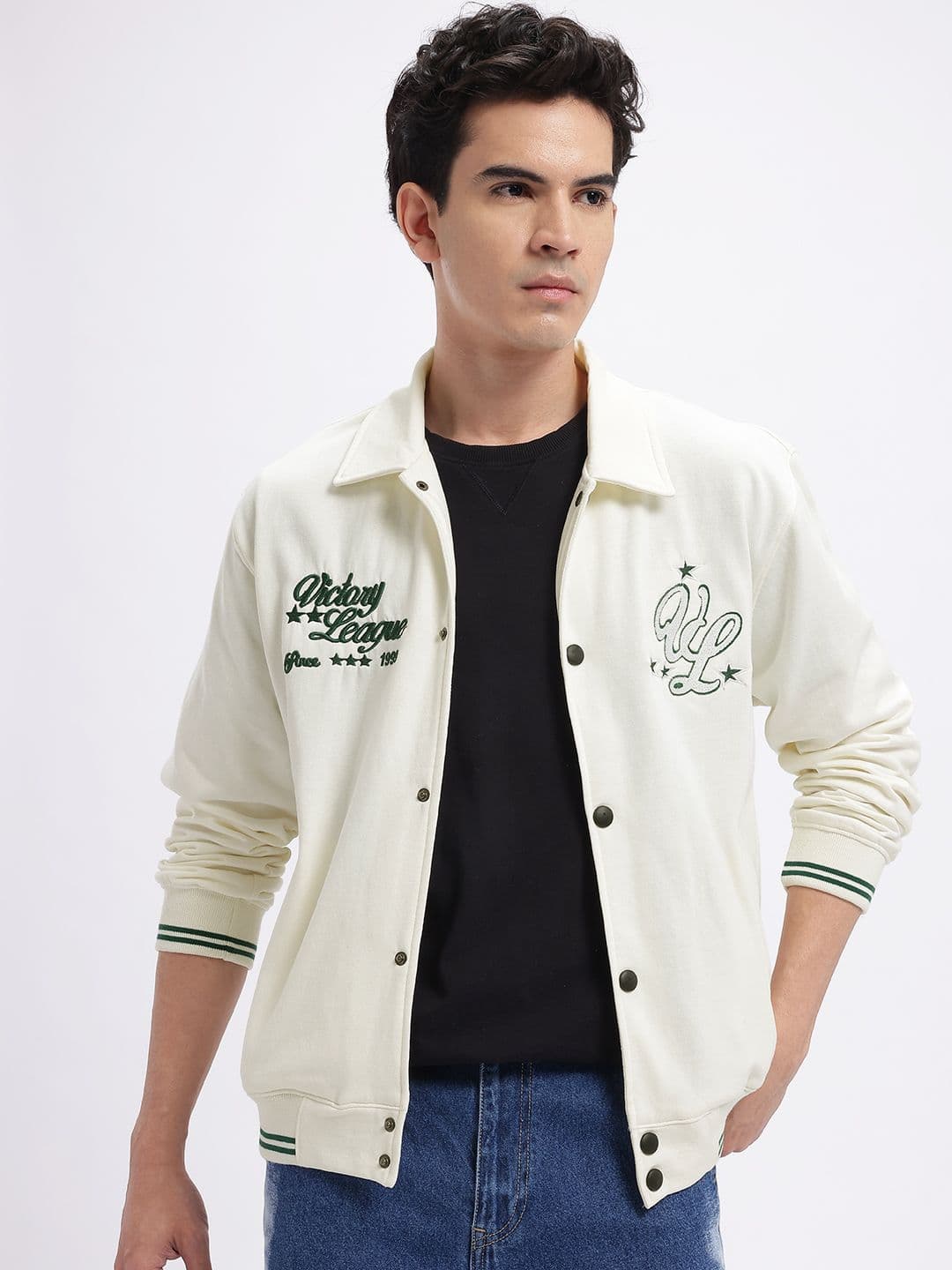 glitchez Typography Applique Detail Relaxed Fit Fleece Bomber Jacket - view 1