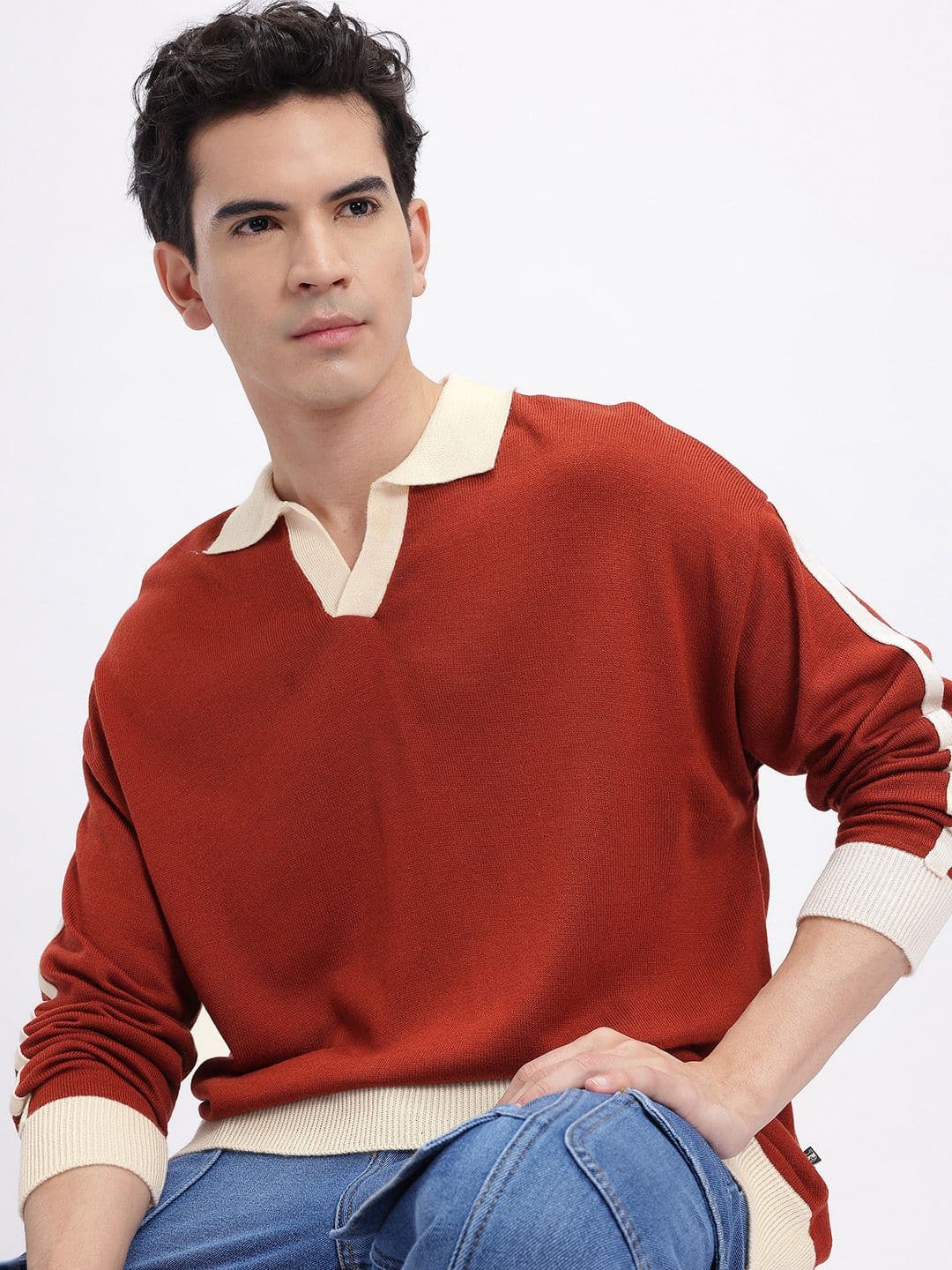 glitchez Shirt Collar Relaxed Fit Pullover with Contrasting Edges - view 1