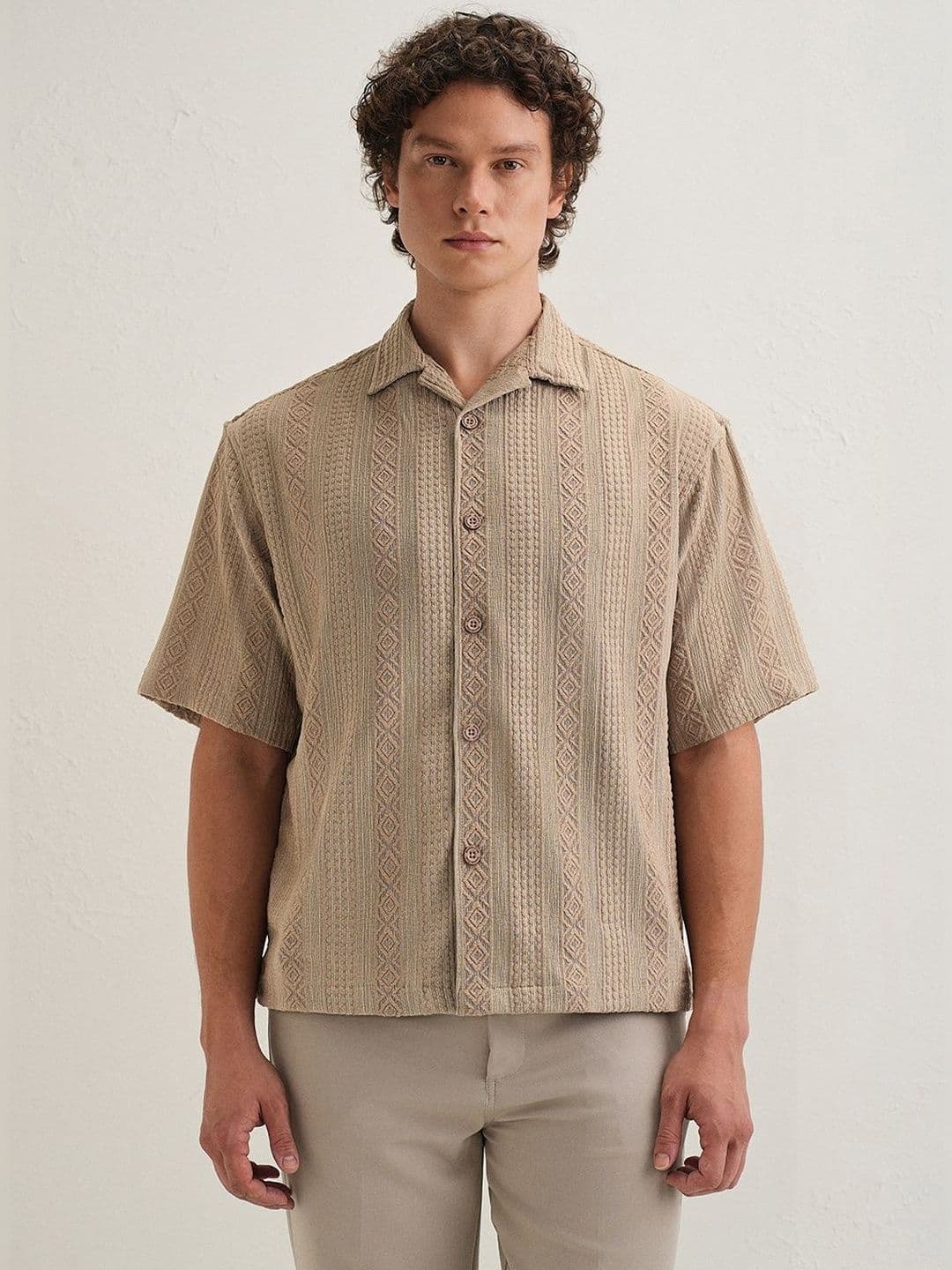 Banana Club Geometric Textured Checked Polyester Short Sleeves Boxy Fit Shirt - view 1