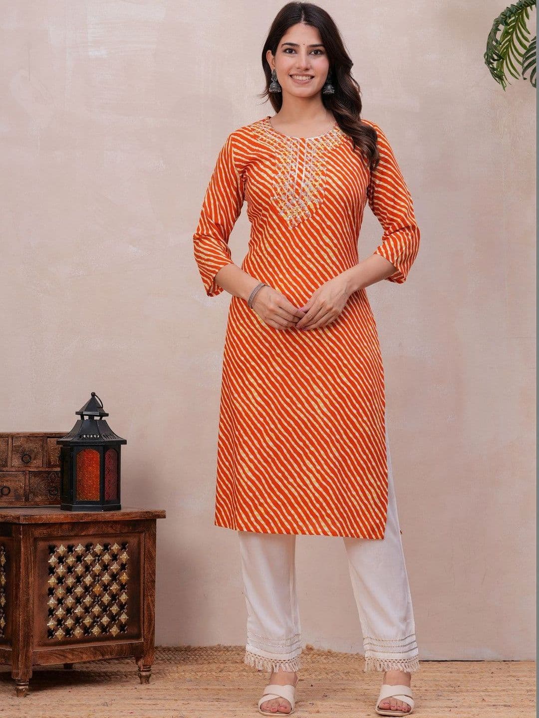 HERE&NOW Women Leheriya Printed Thread Work Indie Prints Kurta - view 1